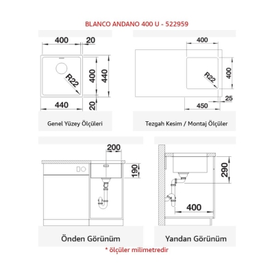 Blanco ANDANO 400 U Paslanmaz Çelik Evye, Tek hazneli, Tezgah altı, 40x40 cm - 2