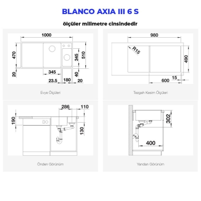 Blanco AXIA III 6 S Granit Evye, Antrasit, Sol, Cam kesme tahtalı, 100x51 cm - 3