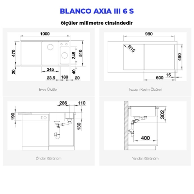 Blanco AXIA III 6 S Granit Evye, Beyaz, Sol, Cam kesme tahtalı, 100x51 cm - 3