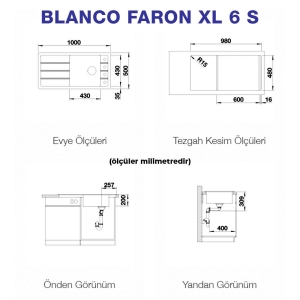 Blanco FARON XL 6 S Granit Evye, Alu Metallic, Tek Hazneli, Damlalıklı, 100x50 cm - 2