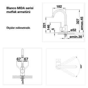 Blanco MIDA Mutfak Armatürü, Beyaz Granit yüzey, Sağdan kumandalı, Sabit başlık - 2