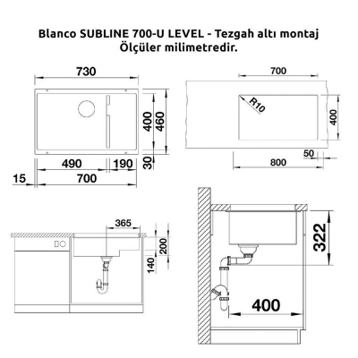 Blanco SUBLINE 700 U LEVEL Granit Alu Metallic Evye, CATRIS-S Krom Spiralli Armatür Set, Aksesuar hediyeli - 4