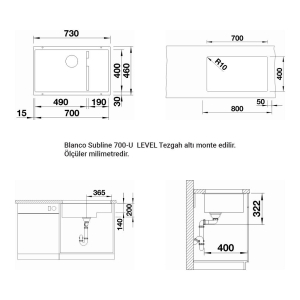 Blanco SUBLINE 700 U LEVEL Granit Evye, Siyah, Bölmeli Tek hazneli, Tezgah altı, 70x40 cm - 4