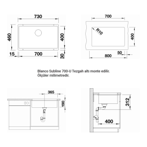Blanco SUBLINE 700 U Granit Evye, Siyah, Tek hazneli, Tezgah altı, 70x40 cm - 2