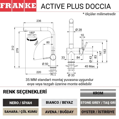 Franke Active Plus Doccia Mutfak Armatürü, Avena, Buğday rengi, Spiralli başlık - 2