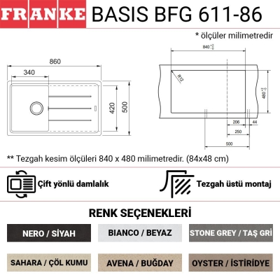 Franke BFG 611 Granit Evye, Bianco, Beyaz renk, 86x50 cm, Tek hazne, Tezgah üstü, Damlalıklı - 2
