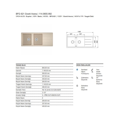 Franke Basis Granit BFG 621 Evye, Avena renk, 2 Hazneli, Damlalıklı, 116x50 cm - 2