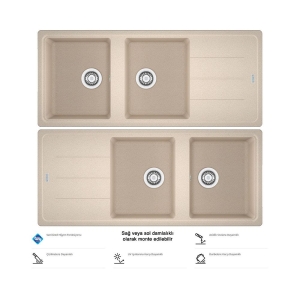 Franke Basis Granit BFG 621 Evye, Avena renk, 2 Hazneli, Damlalıklı, 116x50 cm - 3