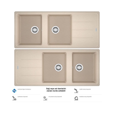 Franke Basis Granit BFG 621 Evye, Avena renk, 2 Hazneli, Damlalıklı, 116x50 cm - 3