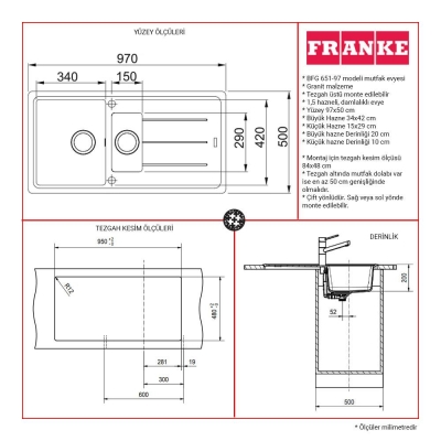 Franke Basis Granit BFG 651 Evye, Avena, 1,5 Hazneli, 97x50 cm - 2