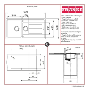 Franke Basis Granit BFG 651 Evye, Bianco, 1,5 Hazneli, 97x50 cm - 2