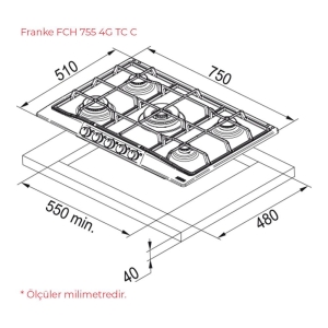 Franke FCH 755 4G TC C Nero Ankastre Ocak, 5 göz, WOK, 75cm - 2