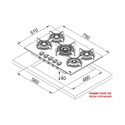 Franke FHCR 755 4G TC HE BK C Ankastre Cam Ocak, 75 cm, Siyah - 2