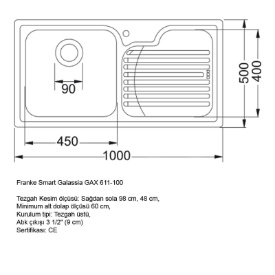 Franke GAX 611 Paslanmaz Çelik Evye, Sağ, Inox, 100x50cm - 2