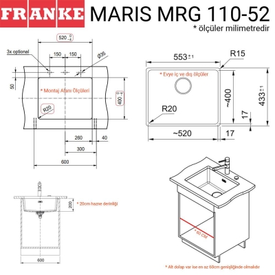 Franke MRG 110-52 Granit Evye, Avena, Tezgahaltı, Tek hazne, 52x40 cm - 2