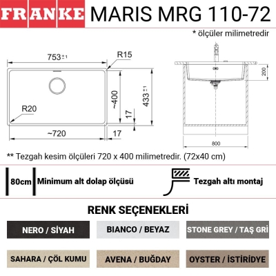 Franke MRG 110-72 Granit Evye, Bianco, Tezgahaltı, Tek hazne, 72x40 cm - 2