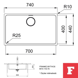 Franke MYX 110-70 Paslanmaz Çelik Eviye, Tezgah altı, 70x40cm - 2