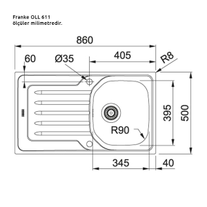 Franke OLL 611 Onda Line Çelik Evye, Sol Damlalıklı, Dekorlu, 1 Göz, - 2