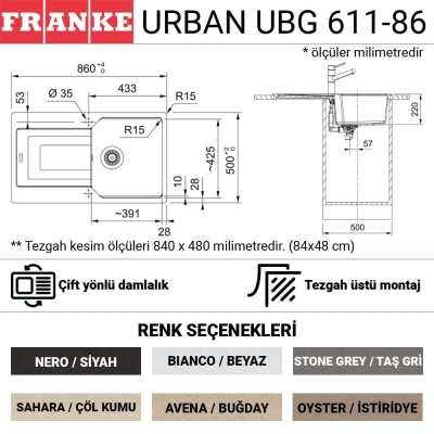 Franke Urban UBG 611-86 Granit Evye, Sahara, Tezgah üstü, Tek hazne, Damlalıklı, 86x50 cm - 2