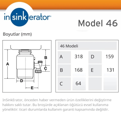 insinkerator Model 46 Çöp Öğütücü, ev tipi, 0,55 Hp, 380 W - 3