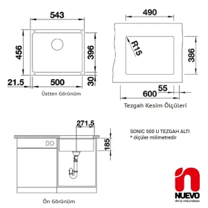 NUEVO SONIC 500 U Seramik Evye, Manolya, Tezgah altı, 50x40 cm - 2