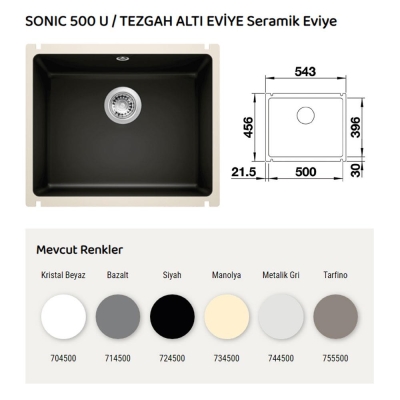 NUEVO SONIC 500 U Seramik Evye, Manolya, Tezgah altı, 50x40 cm - 4