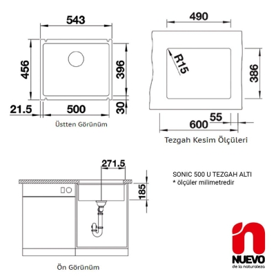 NUEVO SONIC 500 U Seramik Evye, Kristal Beyaz, Tezgah altı, 50x40 cm - 2