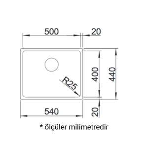 Pera CUBIM U 50 Paslanmaz Çelik Evye, 1mm, Tezgahaltı, Tek Hazne, 40x50 cm - 2