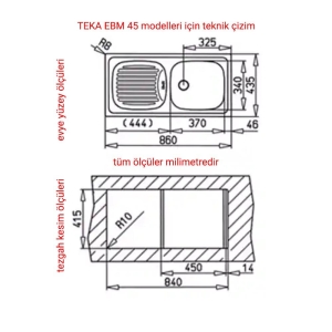 Teka EBM 45 Paslanmaz Çelik Evye, Tek hazne, Sol damlalıklı - 2