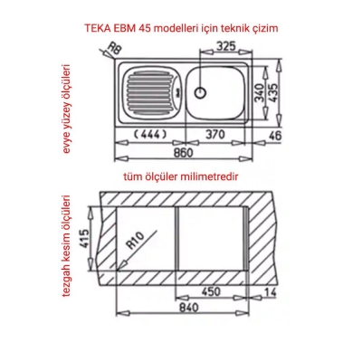 Teka EBM 45 Paslanmaz Çelik Evye, Tek hazne, Sağ damlalıklı - 2