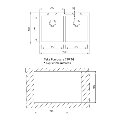 Teka FORSQUARE 790 TG Granit Evye, Black, Çift Hazneli, 79x50 cm, Tezgahüstü, Siyah - 2