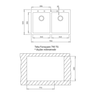 Teka FORSQUARE 790 TG Granit Evye, Avena Beige, Çift Hazneli, 79x50 cm, Tezgahüstü, Bej - 2