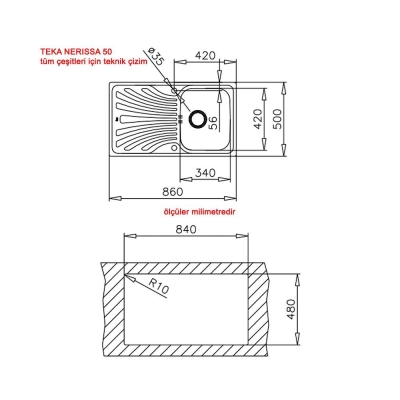 Teka Nerissa 50 B Paslanmaz Çelik Evye, Sol damlalıklı, Inox - 2