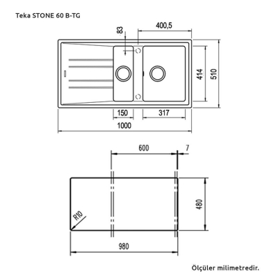 TEKA STONE 60 B-TG Granit Evye, Karbon Siyah, 1,5 hazneli, Çift yönlü - 2