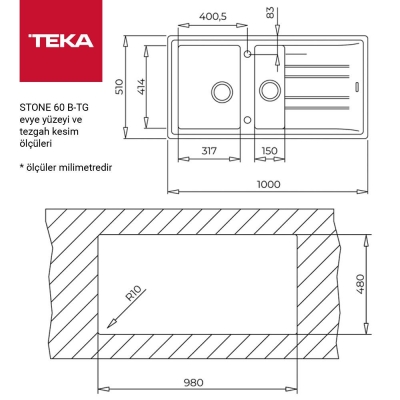 Teka STONE 60 B-TG Granit Evye, Metalik Siyah, 1,5 hazneli, 100x51 cm - 2