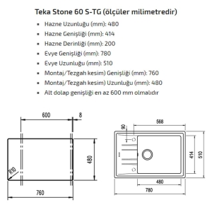 Teka STONE 60 S-TG AUTO METALIK SIYAH Granit Evye - 2