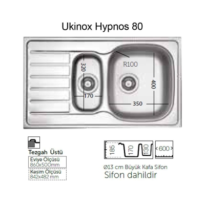 Ukinox HYPNOS 80 Paslanmaz Çelik Eviye, Sağ, Düz, 86x50cm - 2