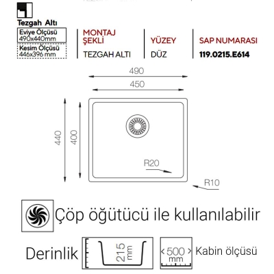 Ukinox ME 451 Evye, Tek hazneli, Tezgah altı, 45x40 cm - 2