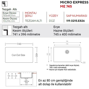 Ukinox ME 745 Paslanmaz Çelik Evye, Tezgah altı, 74,5x40 cm - 2