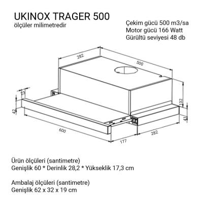 Ukinox TRAGER I 500 Sürgülü Aspiratör, Inox, 60cm, 500m3 - 2